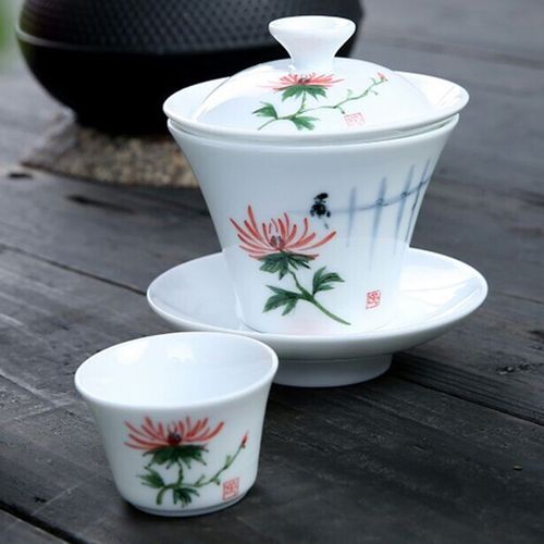 陶瓷茶漏盖碗手绘三才碗品茗杯便携旅行茶具功夫红茶泡茶杯快客杯